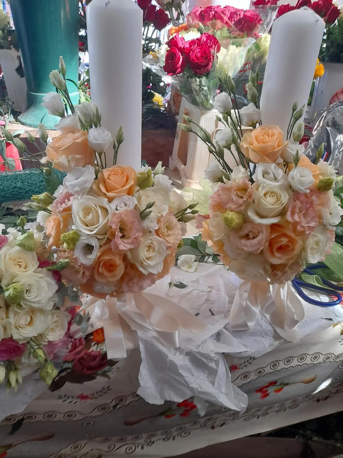 Lumânare de nuntă 5 - Buchet cu flori în tonuri pastel, pentru o notă de rafinament